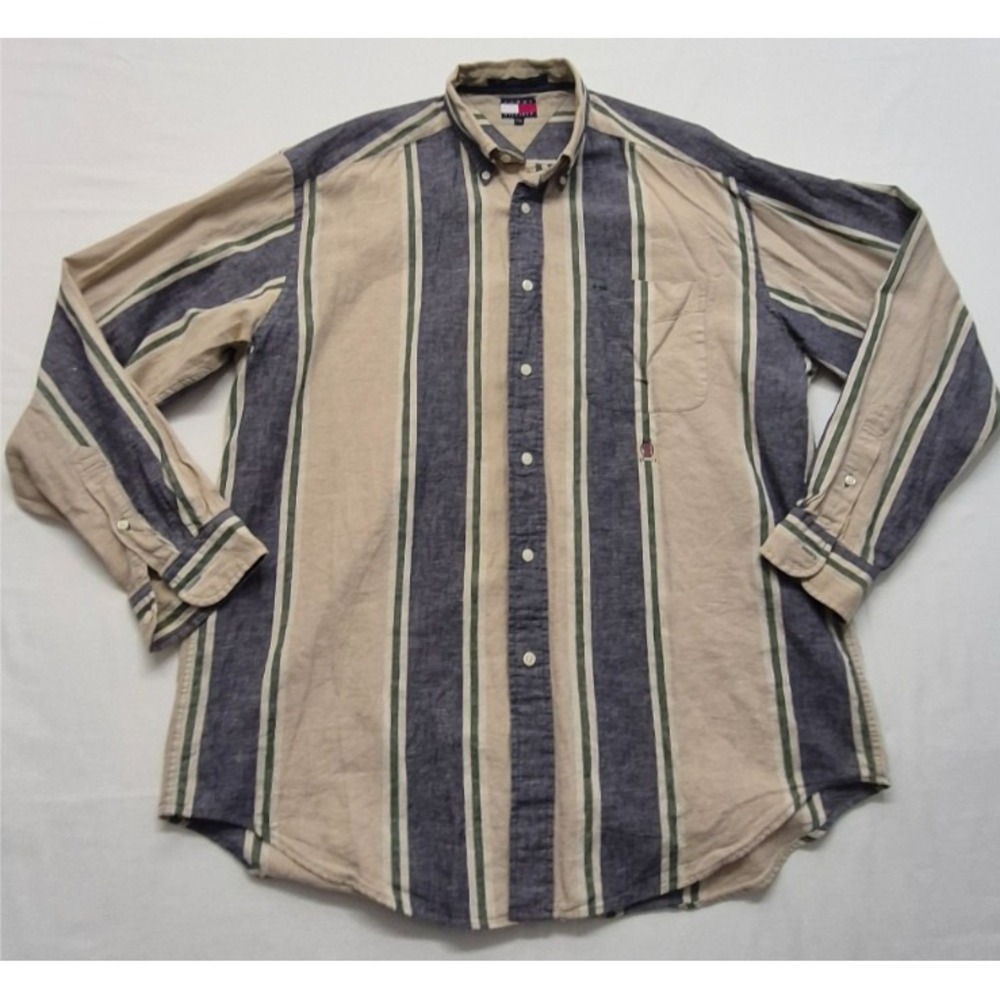 VTG‎ Tommy Hilfiger men's tan striped LS button up shirt logo/pocket Linen Blend - Picture 2 of 12